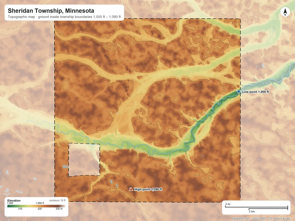 Topographic elevation map of Sheridan Township, Minnesota, shaded from 1,000 ft on the east side to 1,090 ft on the south side