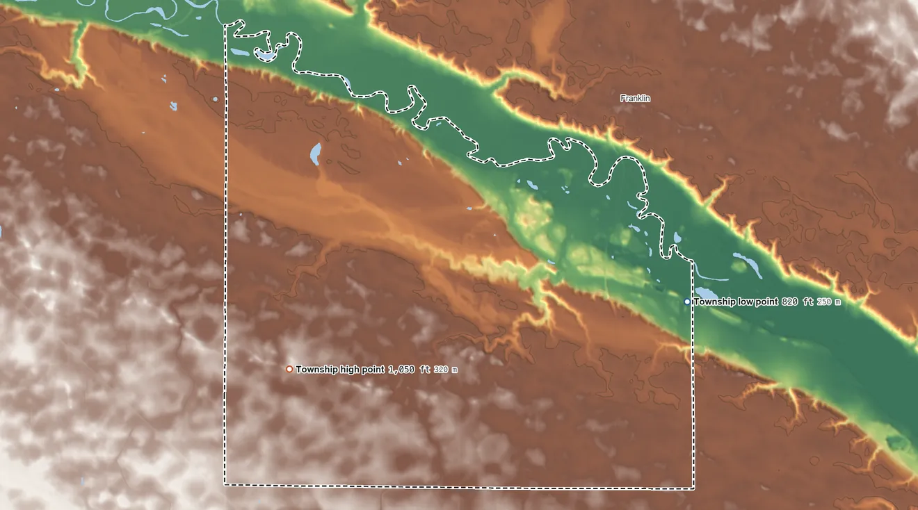 Topographic elevation map of Sherman Township, Minnesota, shaded from 820 ft on the east side to 1,050 ft on the south side