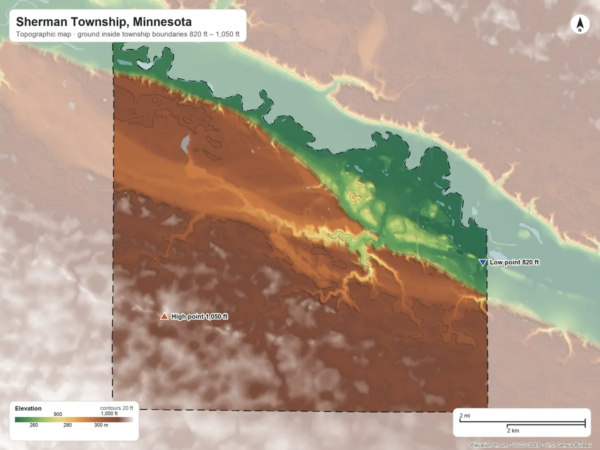 Topographic elevation map of Sherman Township, Minnesota, shaded from 820 ft on the east side to 1,050 ft on the south side