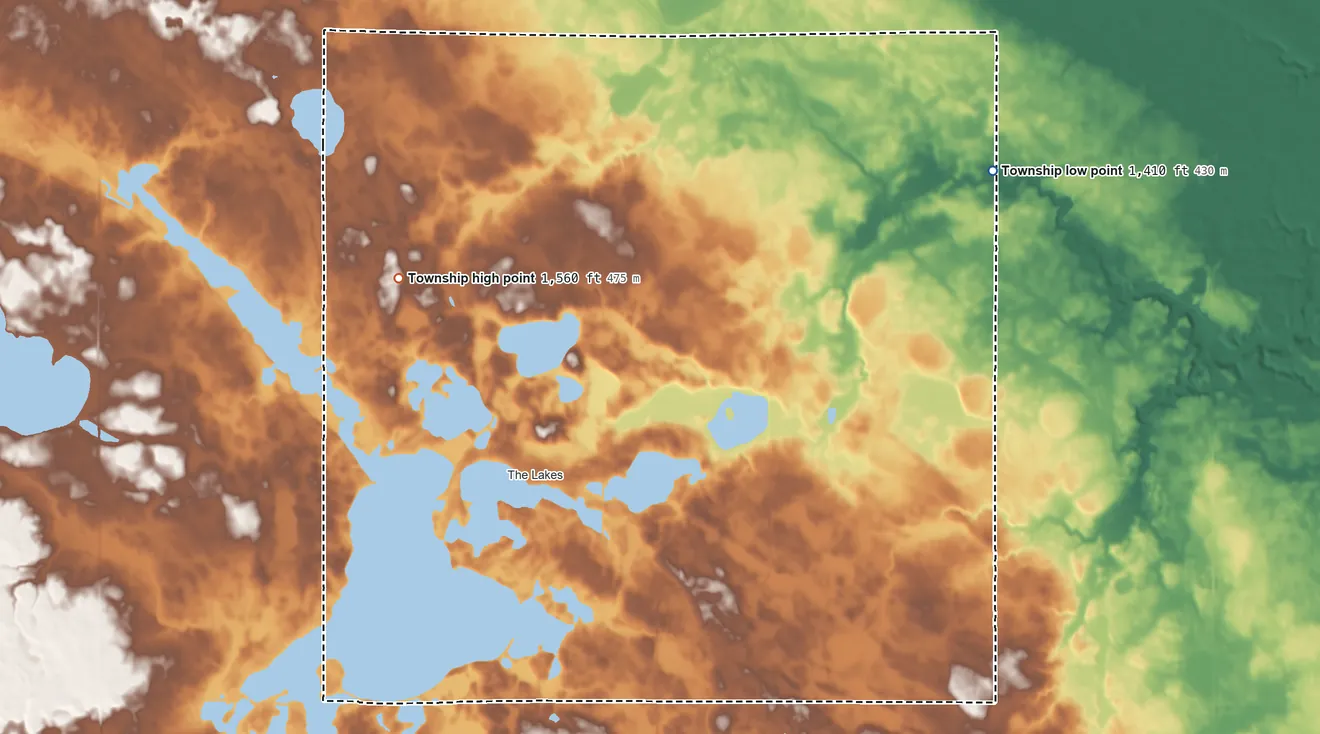 Topographic elevation map of Shetek Township, Minnesota, shaded from 1,410 ft on the east side to 1,560 ft on the west side