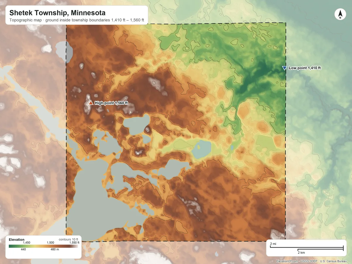 Topographic elevation map of Shetek Township, Minnesota, shaded from 1,410 ft on the east side to 1,560 ft on the west side