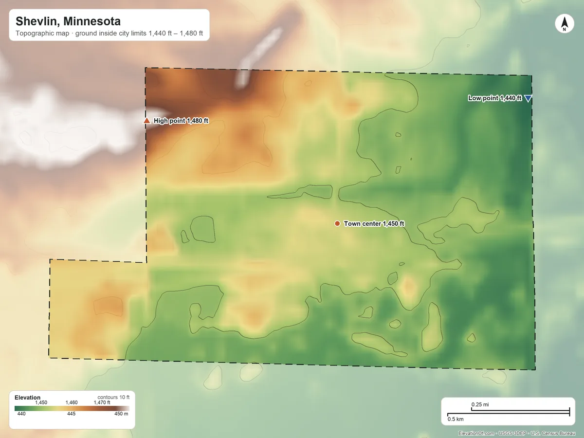Topographic elevation map of Shevlin, Minnesota, shaded from 1,440 ft on the northeast side to 1,480 ft on the northwest side