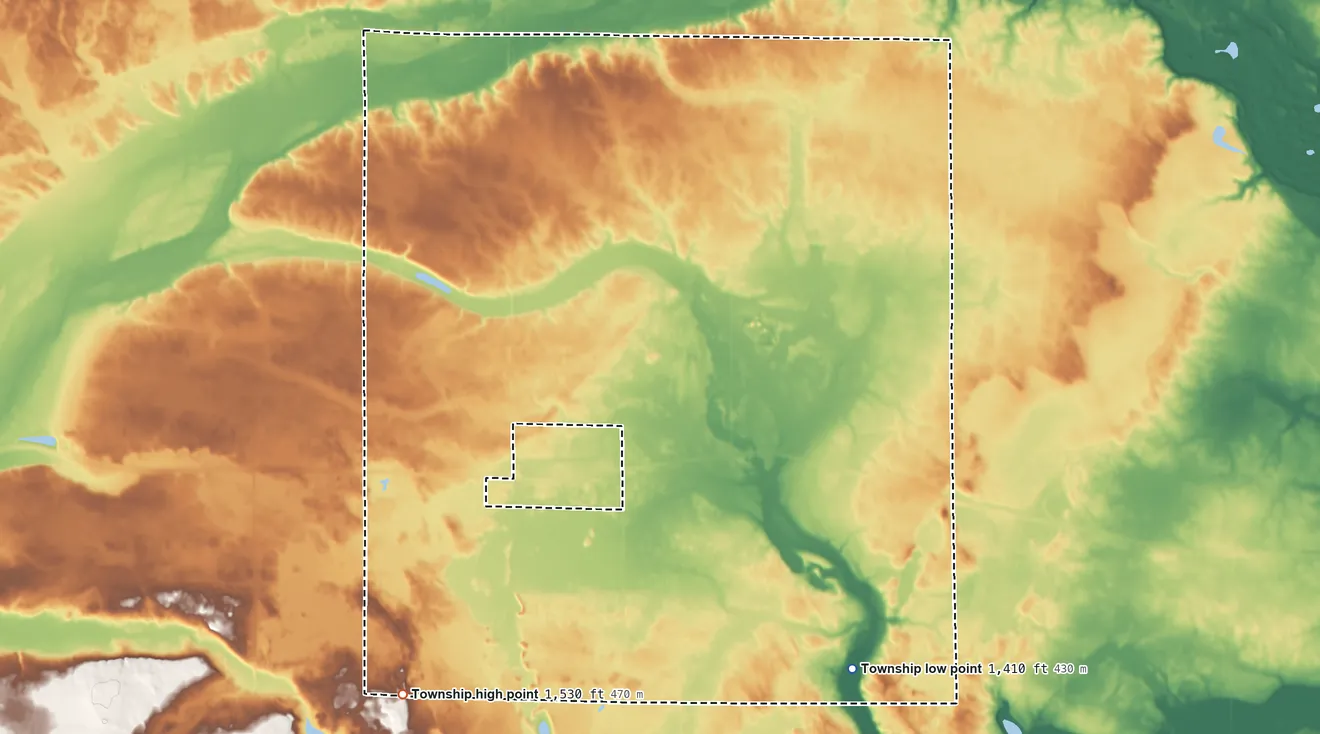 Topographic elevation map of Shevlin Township, Minnesota, shaded from 1,410 ft on the southeast side to 1,530 ft on the southwest side