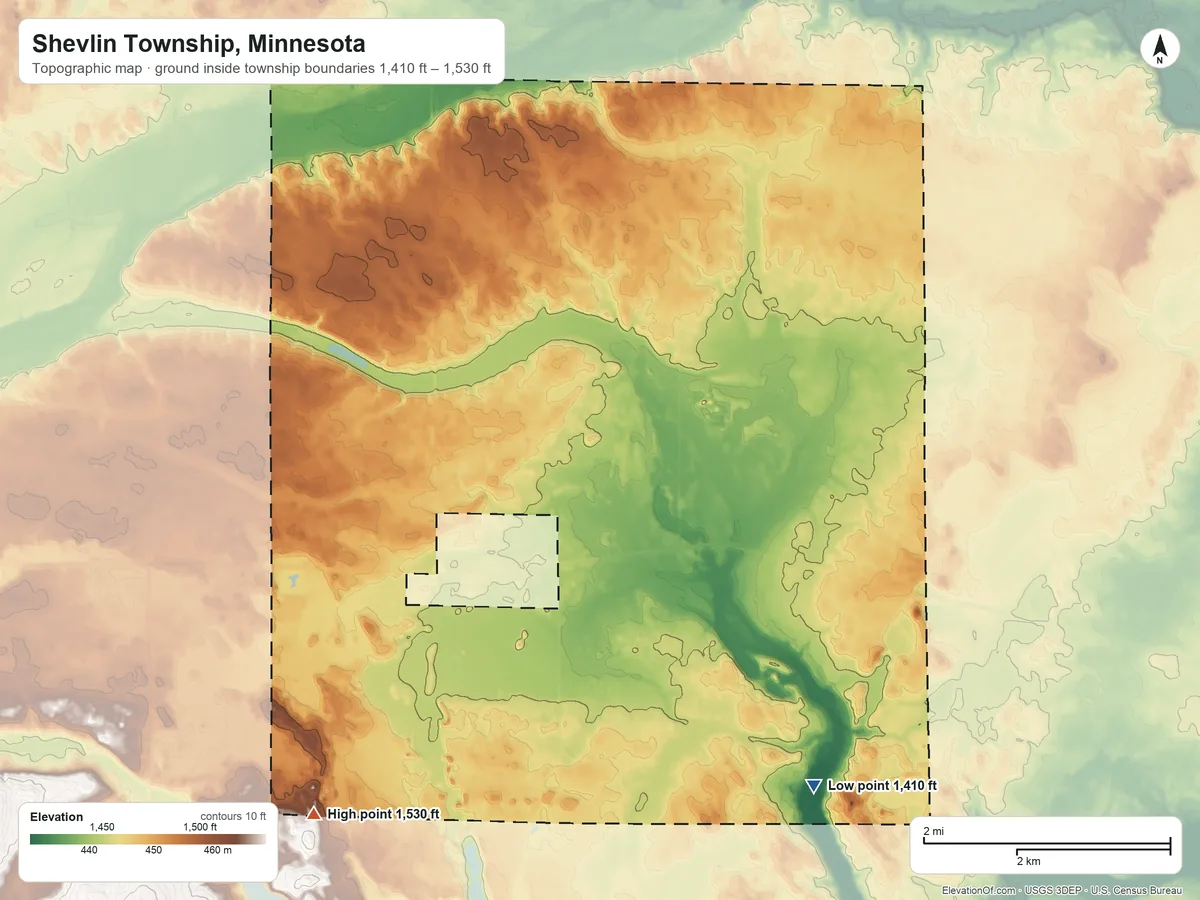 Topographic elevation map of Shevlin Township, Minnesota, shaded from 1,410 ft on the southeast side to 1,530 ft on the southwest side