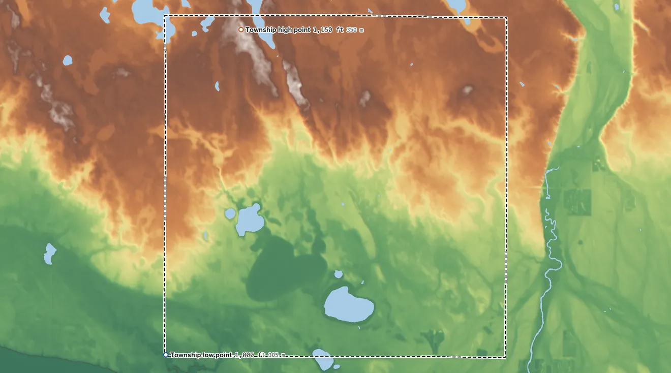 Topographic elevation map of Shible Township, Minnesota, shaded from 1,000 ft on the southwest side to 1,150 ft on the northwest side