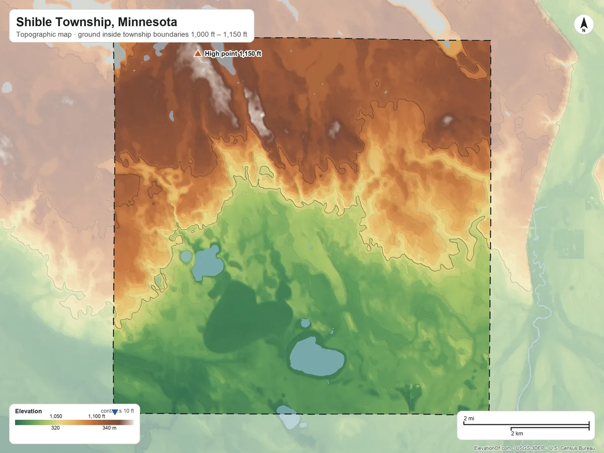 Topographic elevation map of Shible Township, Minnesota, shaded from 1,000 ft on the southwest side to 1,150 ft on the northwest side