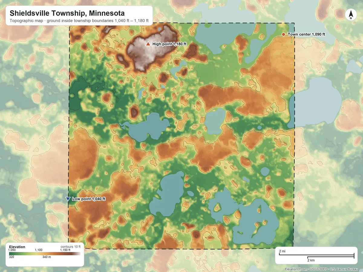 Topographic elevation map of Shieldsville Township, Minnesota, shaded from 1,040 ft on the southwest side to 1,180 ft on the west side