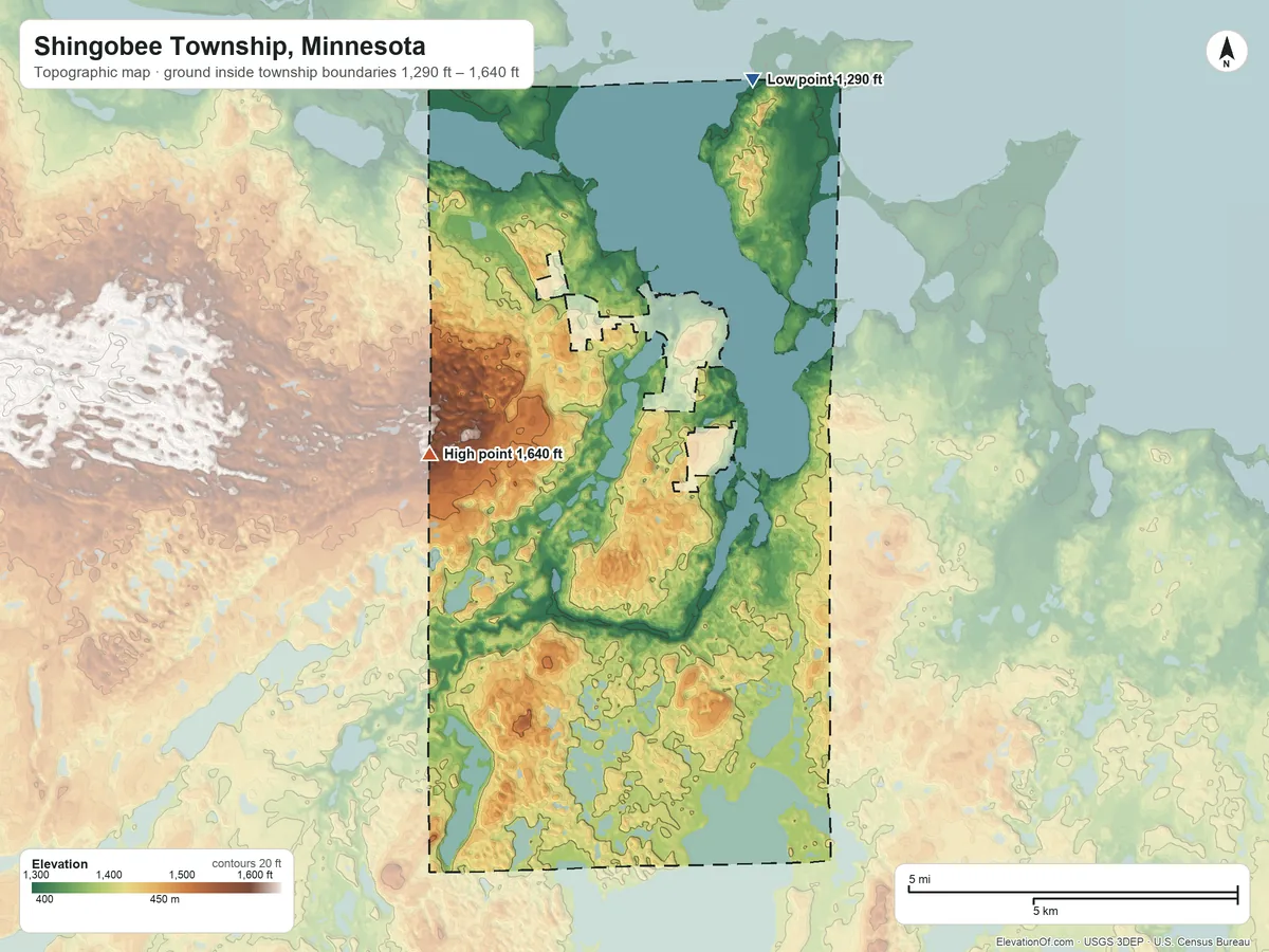 Topographic elevation map of Shingobee Township, Minnesota, shaded from 1,290 ft on the north side to 1,640 ft on the west side