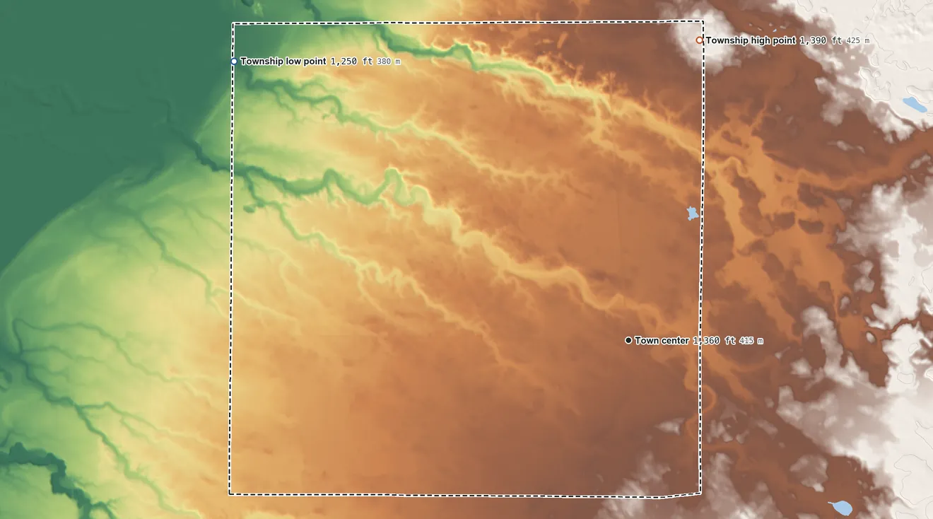 Topographic elevation map of Shooks Township, Minnesota, shaded from 1,250 ft on the northwest side to 1,390 ft on the north side