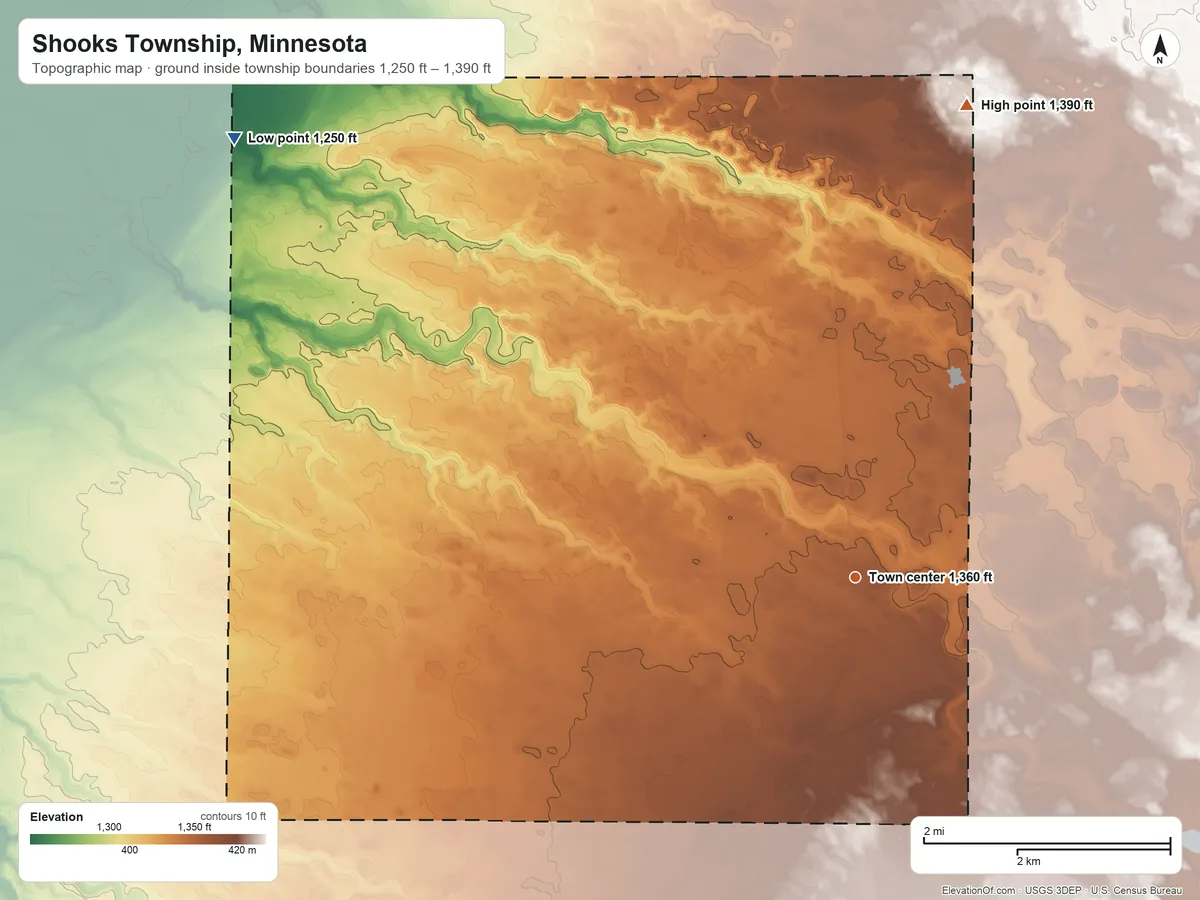 Topographic elevation map of Shooks Township, Minnesota, shaded from 1,250 ft on the northwest side to 1,390 ft on the north side