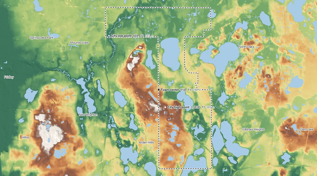 Topographic elevation map of Shoreview, Minnesota, shaded from 880 ft on the northwest side to 1,010 ft near the middle