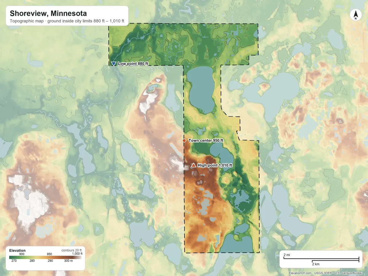 Topographic elevation map of Shoreview, Minnesota, shaded from 880 ft on the northwest side to 1,010 ft near the middle