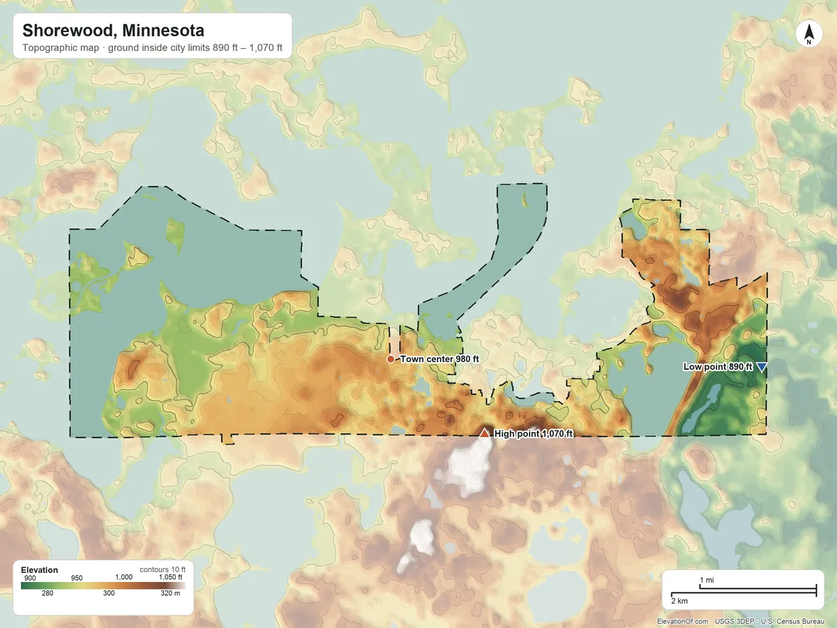Topographic elevation map of Shorewood, Minnesota, shaded from 890 ft on the east side to 1,070 ft on the southeast side