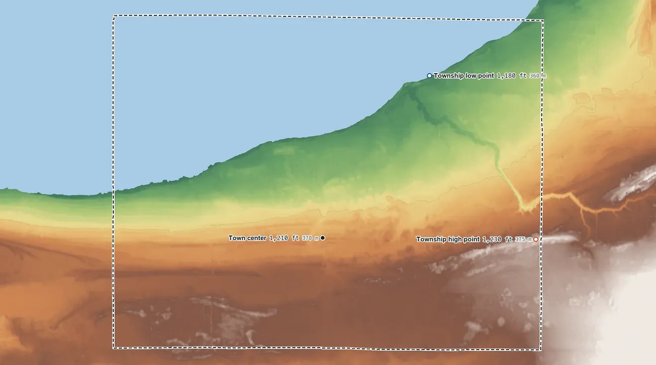 Topographic elevation map of Shotley Township, Minnesota, shaded from 1,180 ft on the northeast side to 1,230 ft on the east side