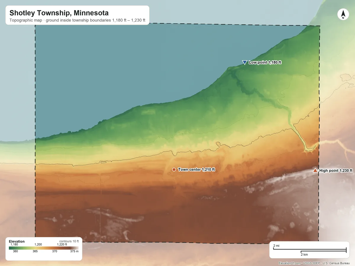Topographic elevation map of Shotley Township, Minnesota, shaded from 1,180 ft on the northeast side to 1,230 ft on the east side