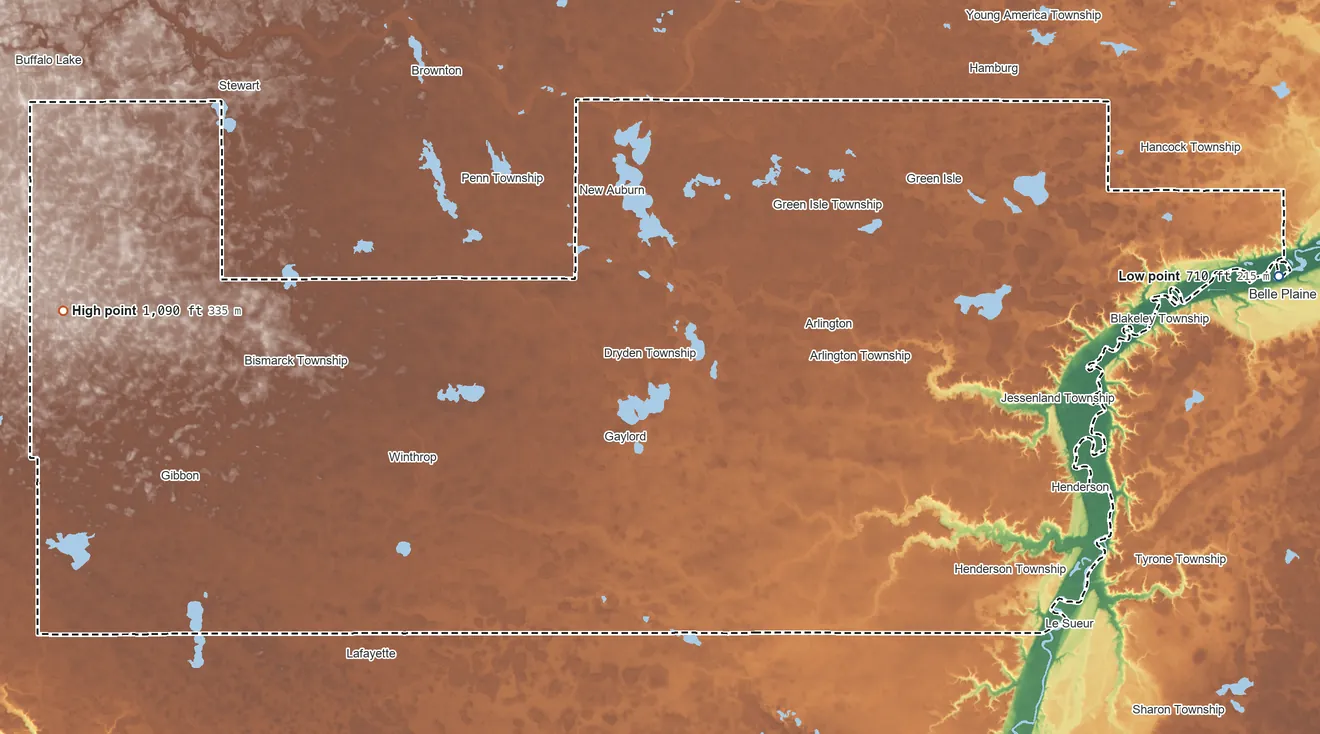 Topographic elevation map of Sibley County, Minnesota, shaded from 710 ft on the east side to 1,090 ft on the west side