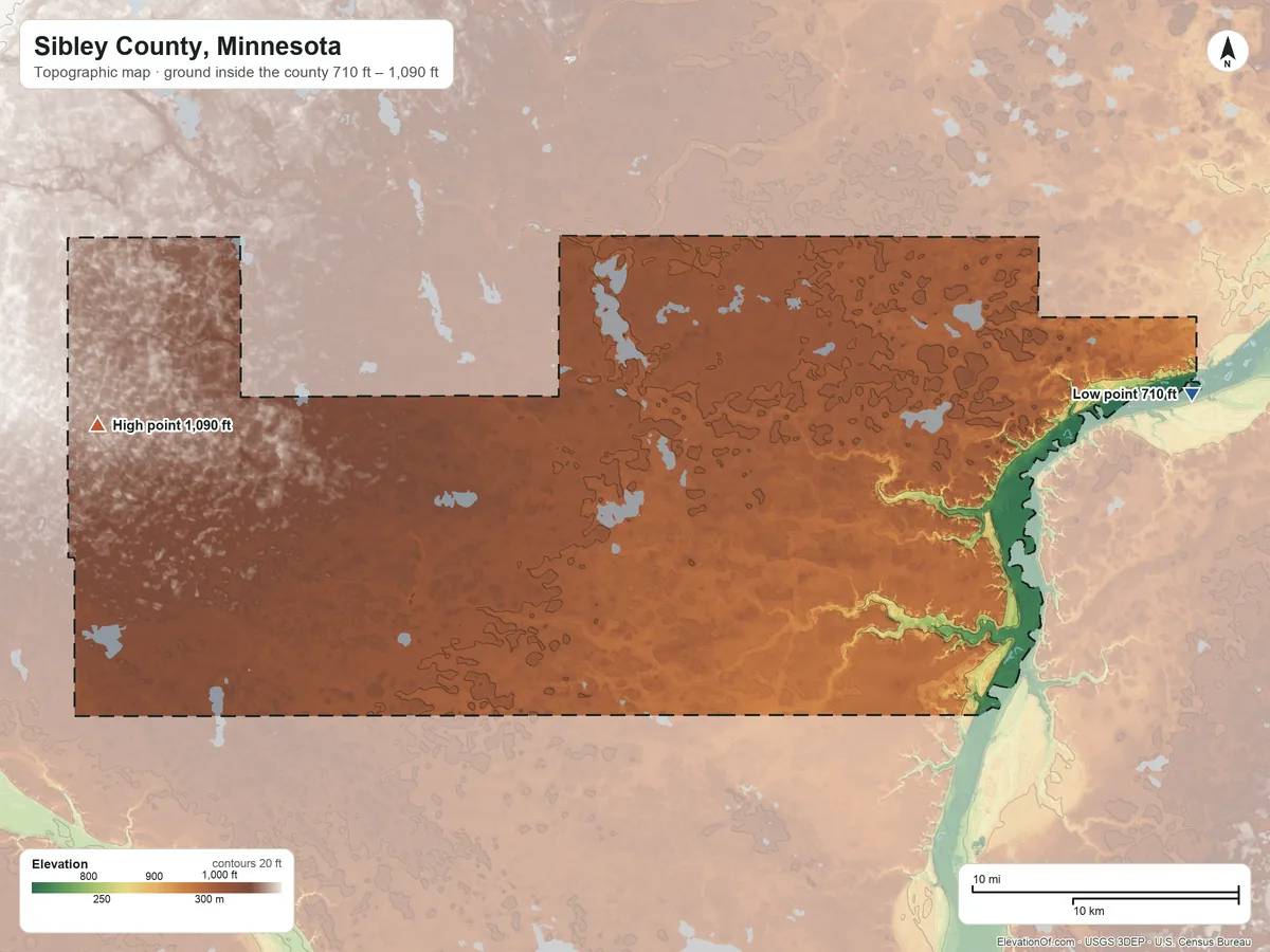 Topographic elevation map of Sibley County, Minnesota, shaded from 710 ft on the east side to 1,090 ft on the west side