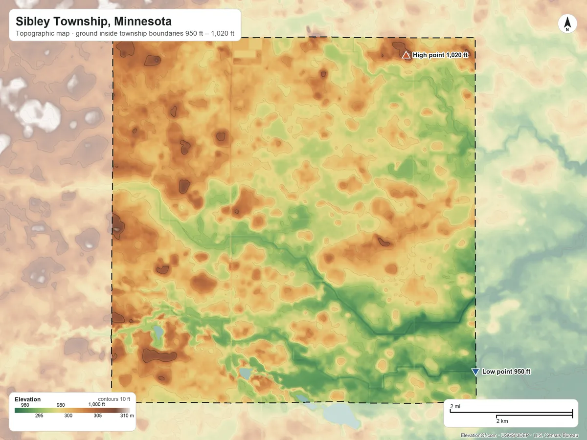Topographic elevation map of Sibley Township, Minnesota, shaded from 950 ft on the southeast side to 1,020 ft on the northeast side
