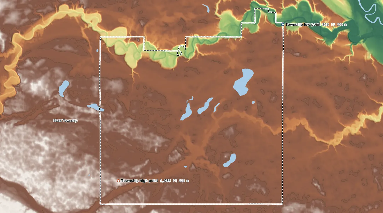 Topographic elevation map of Sigel Township, Minnesota, shaded from 820 ft on the northeast side to 1,030 ft on the southwest side