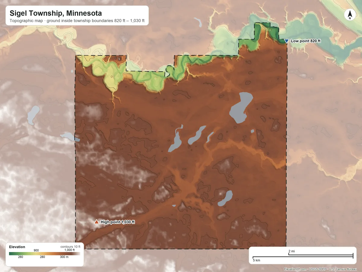 Topographic elevation map of Sigel Township, Minnesota, shaded from 820 ft on the northeast side to 1,030 ft on the southwest side