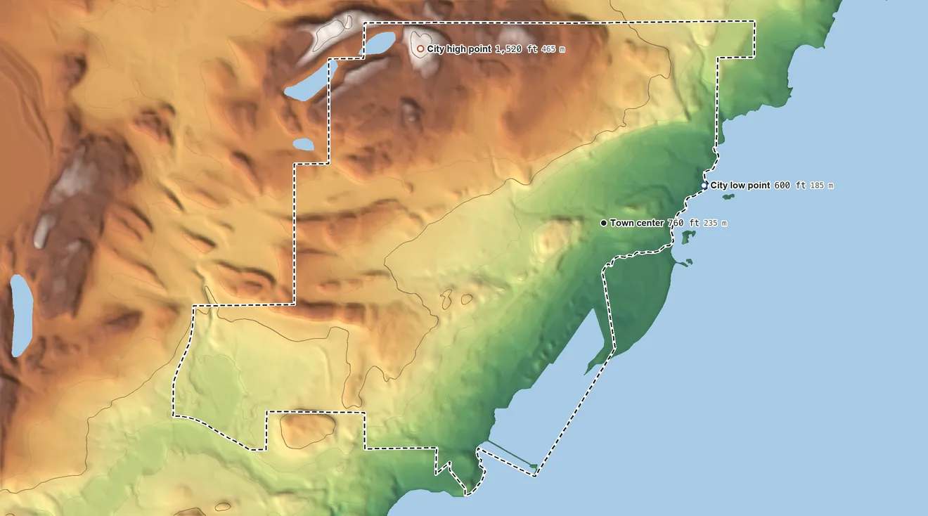 Topographic elevation map of Silver Bay, Minnesota, shaded from 600 ft on the east side to 1,520 ft on the northwest side
