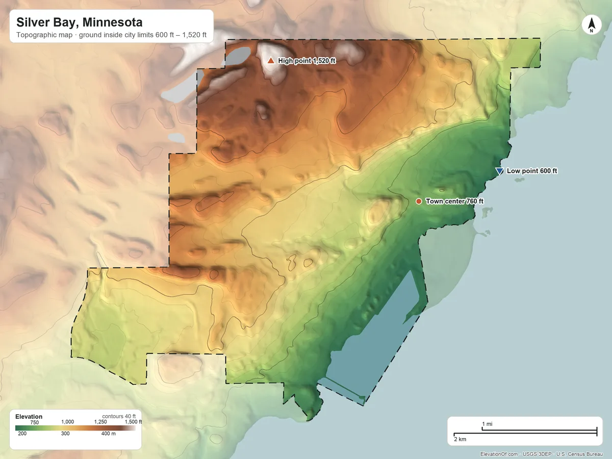 Topographic elevation map of Silver Bay, Minnesota, shaded from 600 ft on the east side to 1,520 ft on the northwest side