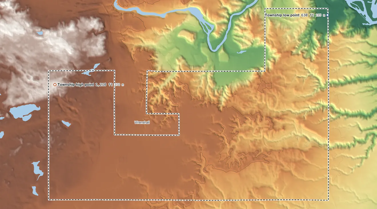 Topographic elevation map of Silver Brook Township, Minnesota, shaded from 630 ft on the northeast side to 1,210 ft on the northwest side