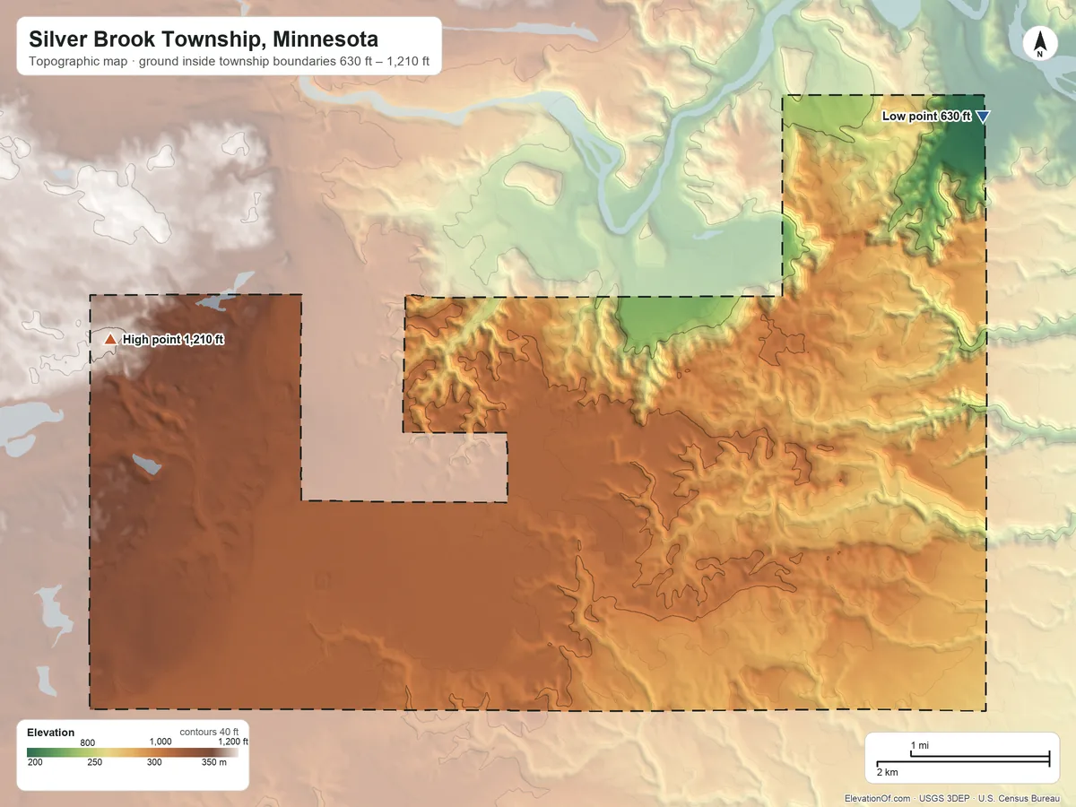 Topographic elevation map of Silver Brook Township, Minnesota, shaded from 630 ft on the northeast side to 1,210 ft on the northwest side