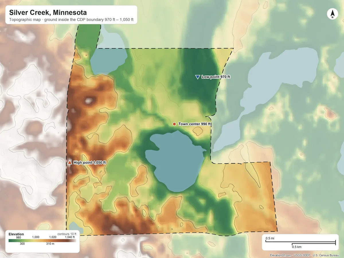 Topographic elevation map of Silver Creek, Minnesota, shaded from 970 ft on the northeast side to 1,050 ft on the west side