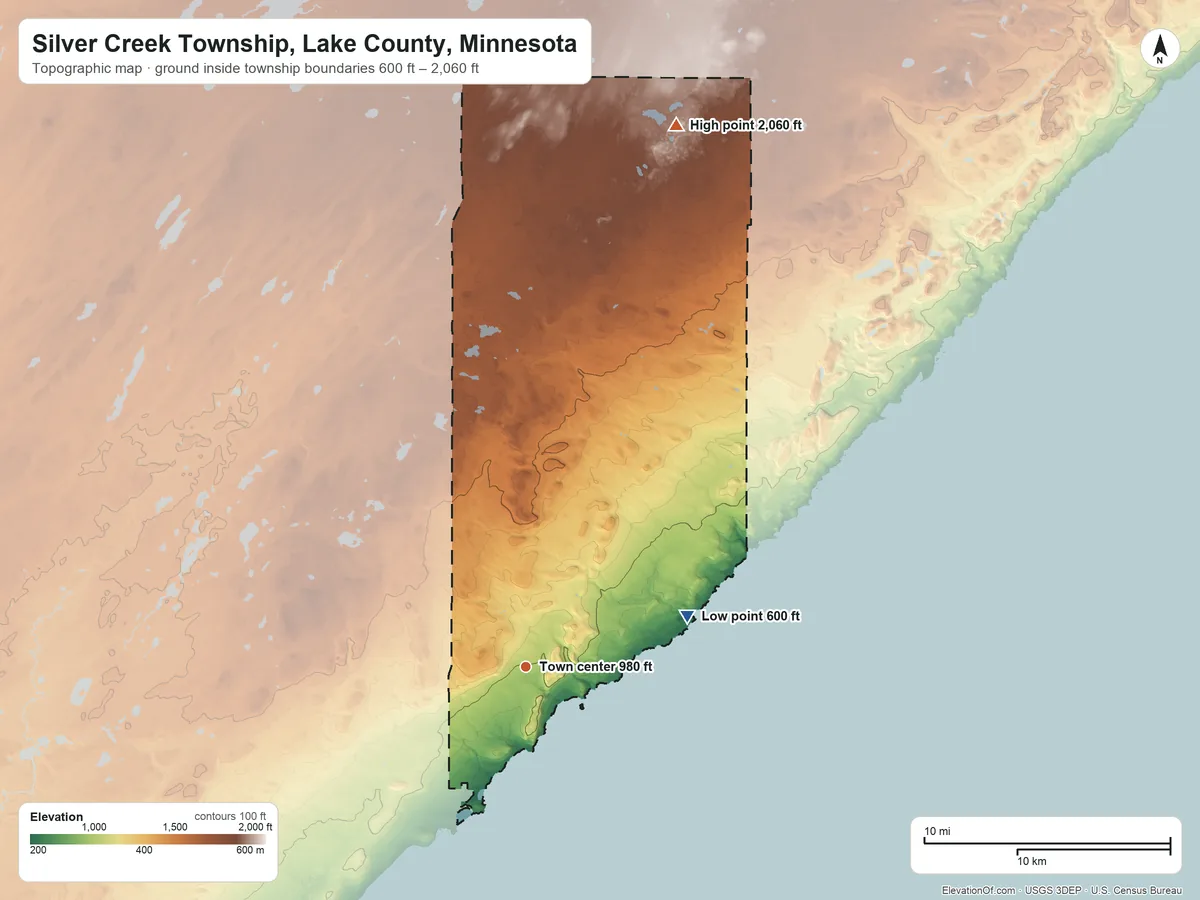 Topographic elevation map of Silver Creek Township, Lake County, Minnesota, shaded from 600 ft on the east side to 2,060 ft on the north side