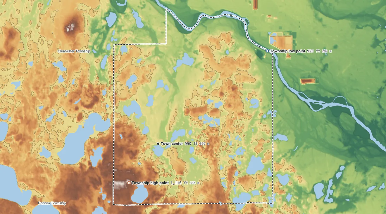 Topographic elevation map of Silver Creek Township, Minnesota, shaded from 920 ft on the northeast side to 1,110 ft on the southwest side