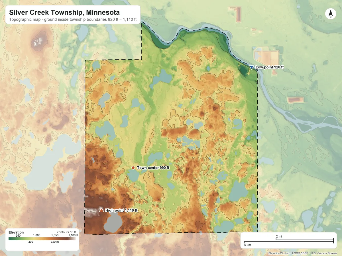 Topographic elevation map of Silver Creek Township, Minnesota, shaded from 920 ft on the northeast side to 1,110 ft on the southwest side