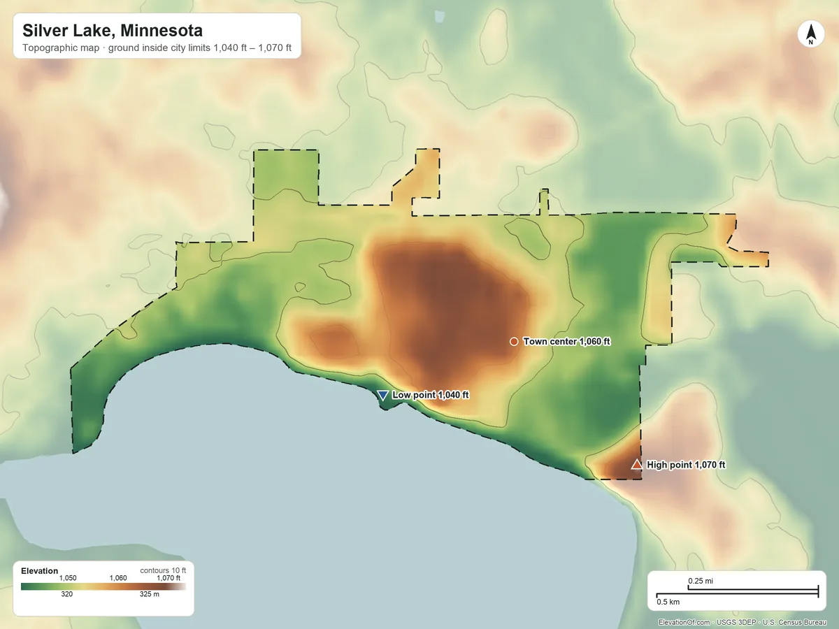 Topographic elevation map of Silver Lake, Minnesota, shaded from 1,040 ft on the west side to 1,070 ft on the southeast side