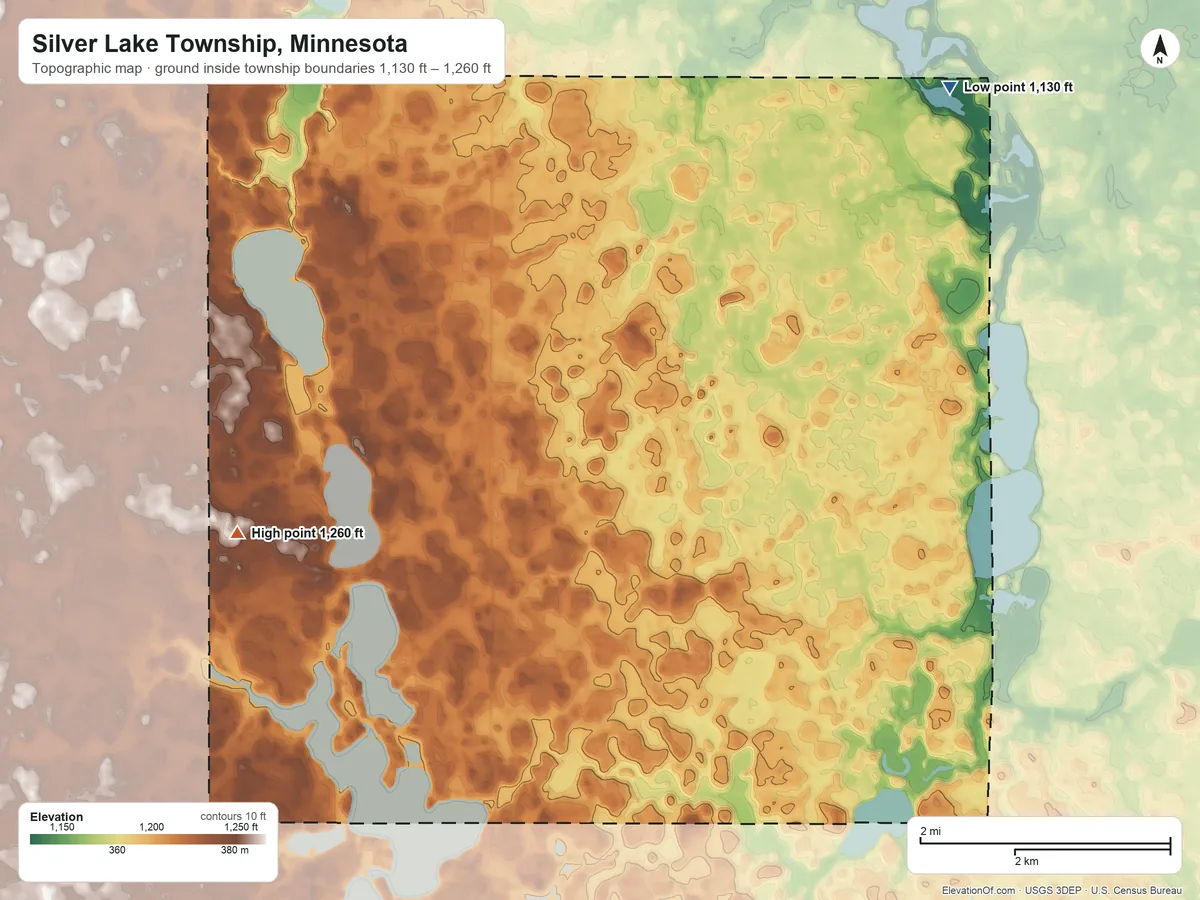 Topographic elevation map of Silver Lake Township, Minnesota, shaded from 1,130 ft on the northeast side to 1,260 ft on the west side