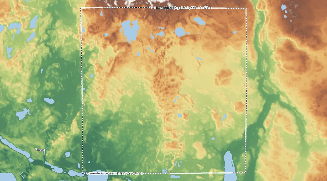 Topographic elevation map of Silver Leaf Township, Minnesota, shaded from 1,360 ft on the southwest side to 1,550 ft on the north side