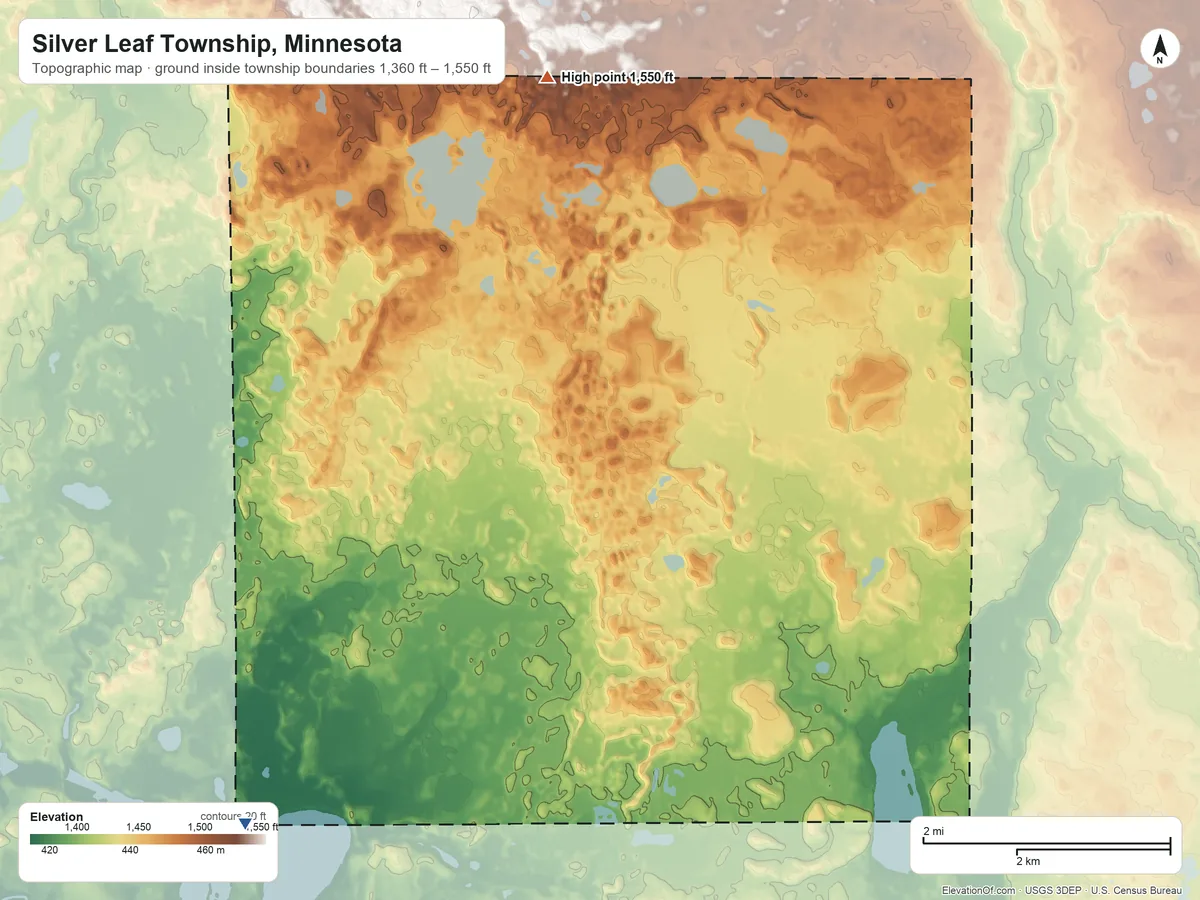 Topographic elevation map of Silver Leaf Township, Minnesota, shaded from 1,360 ft on the southwest side to 1,550 ft on the north side