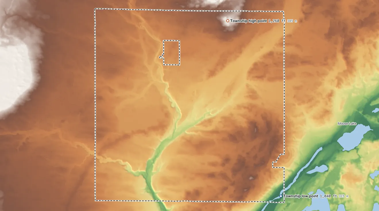 Topographic elevation map of Silver Township, Minnesota, shaded from 1,040 ft on the southeast side to 1,260 ft on the north side