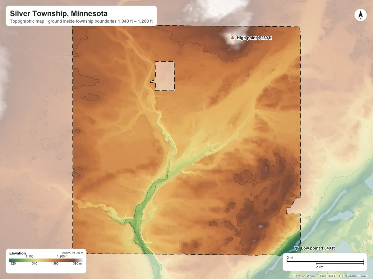 Topographic elevation map of Silver Township, Minnesota, shaded from 1,040 ft on the southeast side to 1,260 ft on the north side