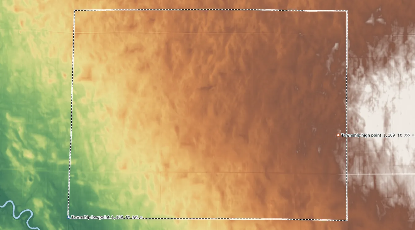 Topographic elevation map of Silverton Township, Minnesota, shaded from 1,130 ft on the southwest side to 1,160 ft on the east side