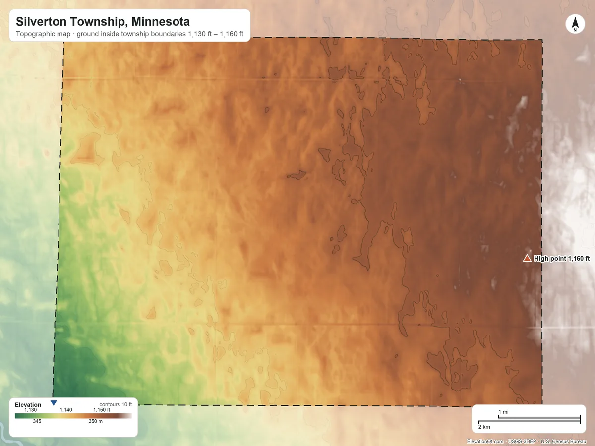 Topographic elevation map of Silverton Township, Minnesota, shaded from 1,130 ft on the southwest side to 1,160 ft on the east side