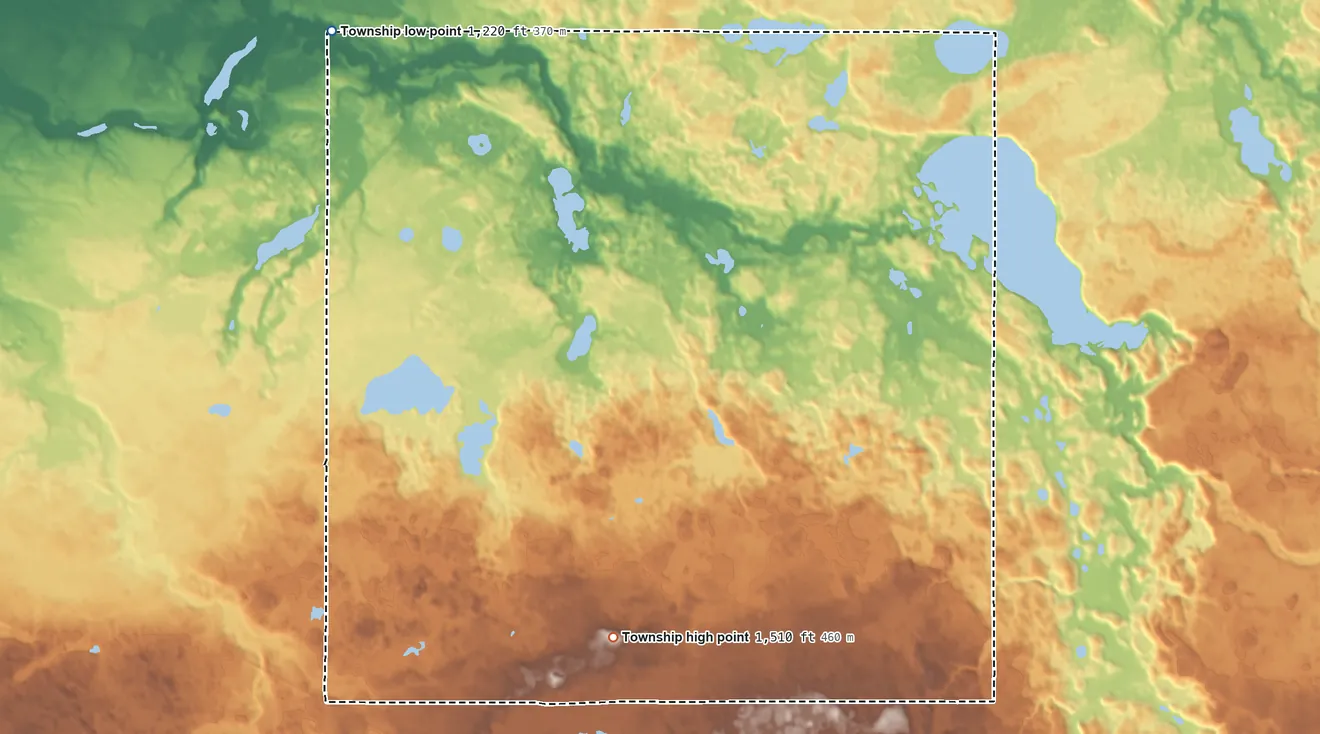 Topographic elevation map of Sinclair Township, Minnesota, shaded from 1,220 ft on the northwest side to 1,510 ft on the south side
