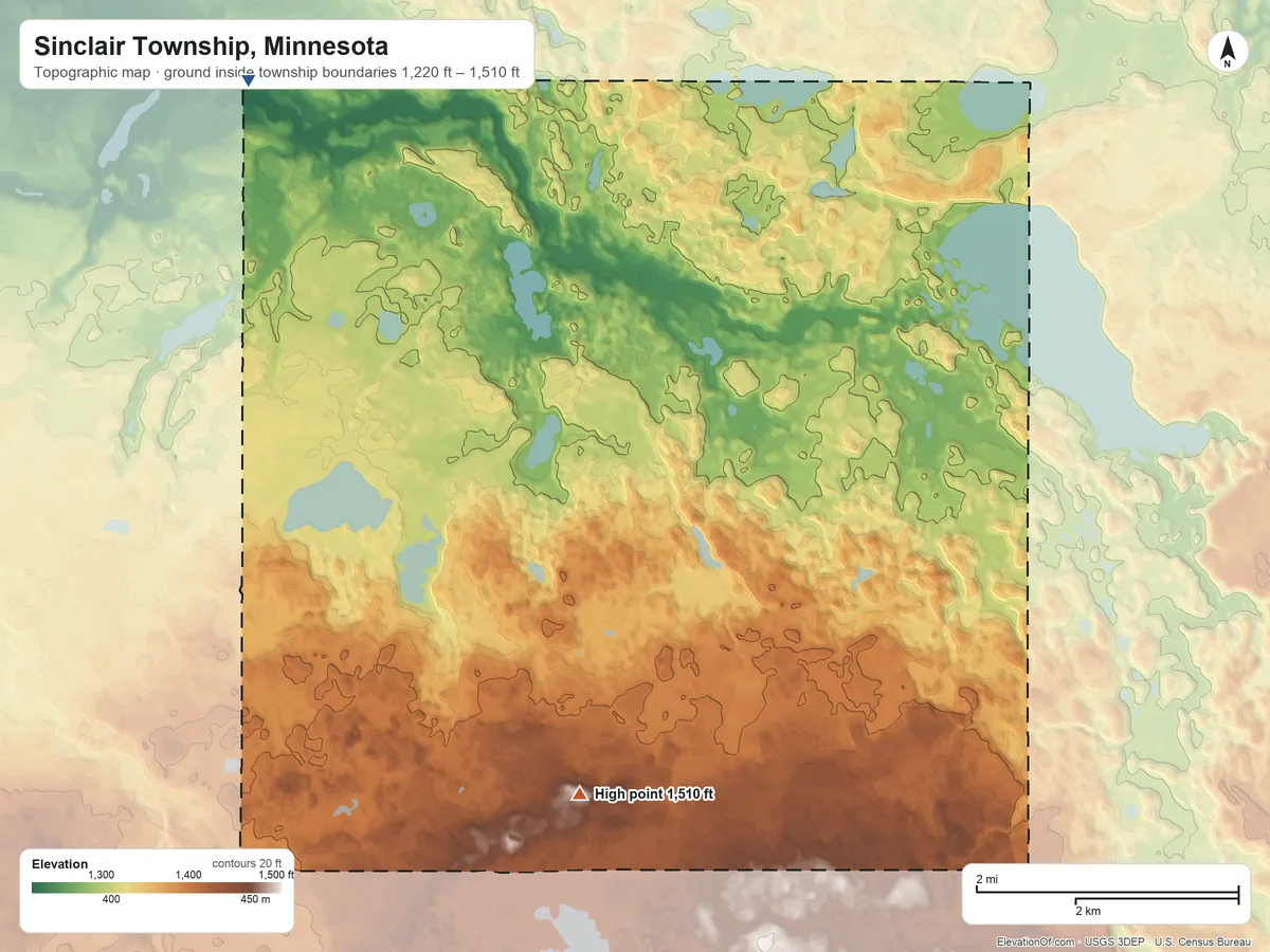 Topographic elevation map of Sinclair Township, Minnesota, shaded from 1,220 ft on the northwest side to 1,510 ft on the south side