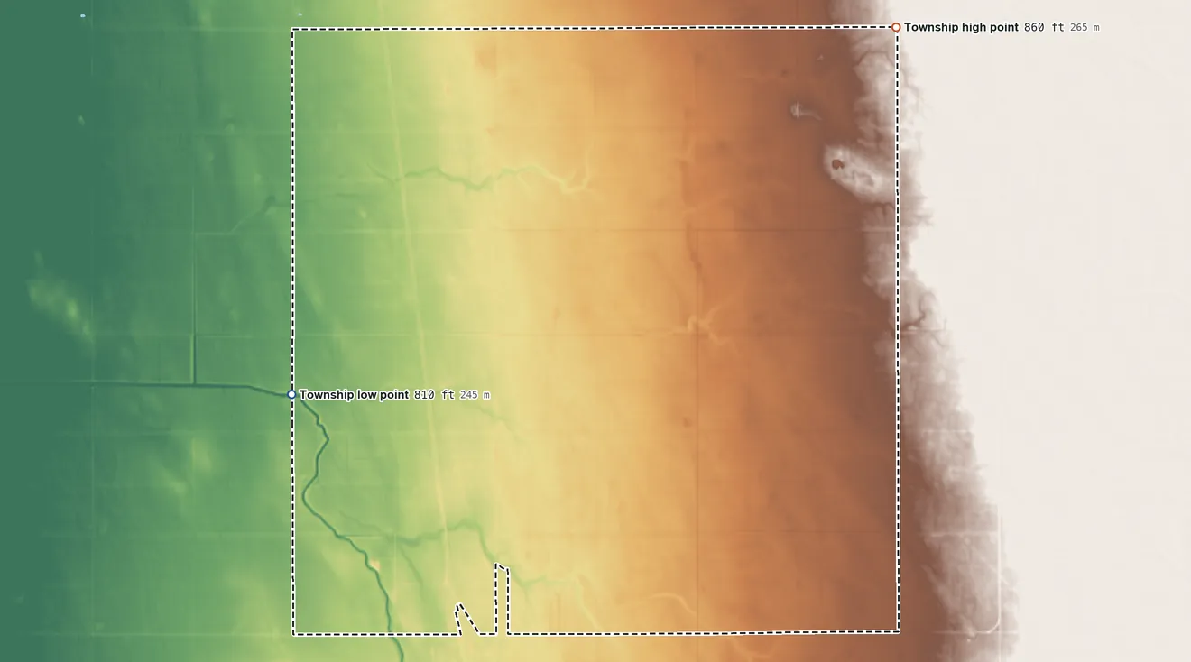 Topographic elevation map of Sinnott Township, Minnesota, shaded from 810 ft on the west side to 860 ft on the northeast side