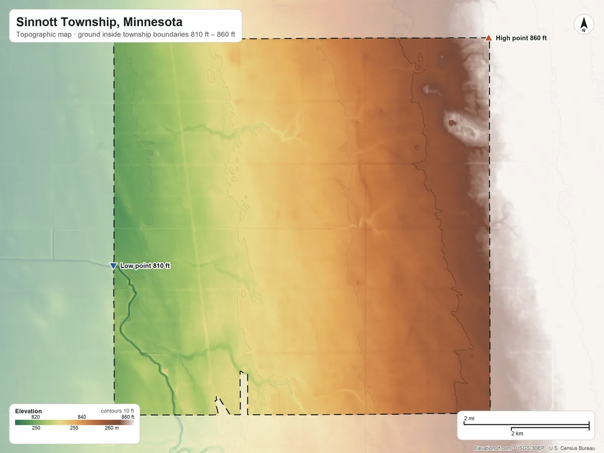 Topographic elevation map of Sinnott Township, Minnesota, shaded from 810 ft on the west side to 860 ft on the northeast side
