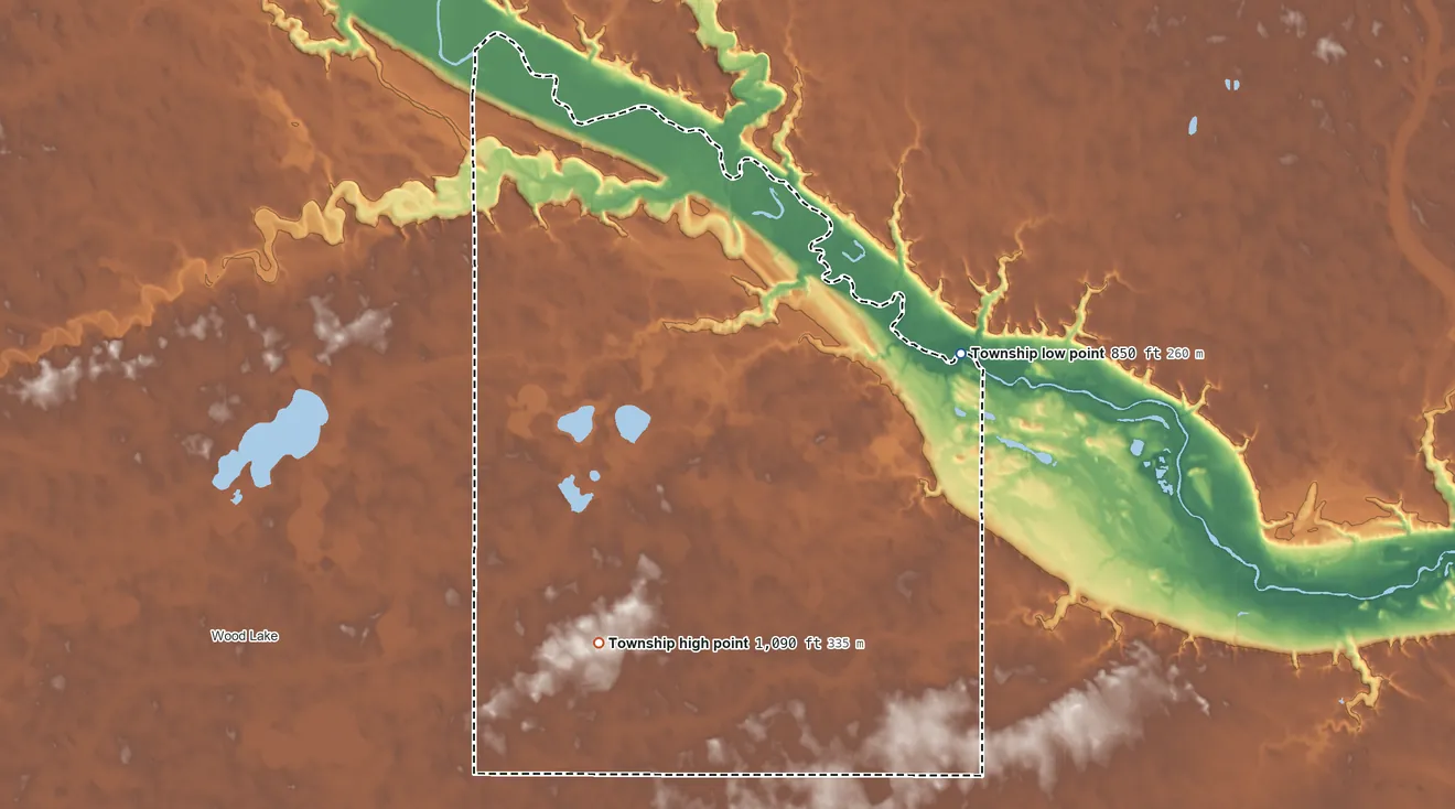 Topographic elevation map of Sioux Agency Township, Minnesota, shaded from 850 ft on the northeast side to 1,090 ft on the southwest side