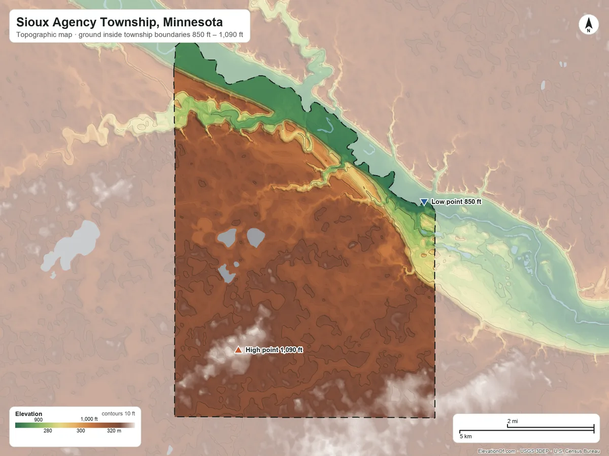 Topographic elevation map of Sioux Agency Township, Minnesota, shaded from 850 ft on the northeast side to 1,090 ft on the southwest side