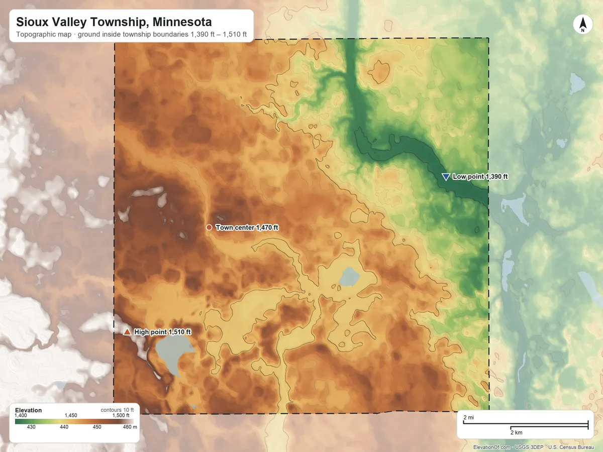 Topographic elevation map of Sioux Valley Township, Minnesota, shaded from 1,390 ft on the east side to 1,510 ft on the southwest side