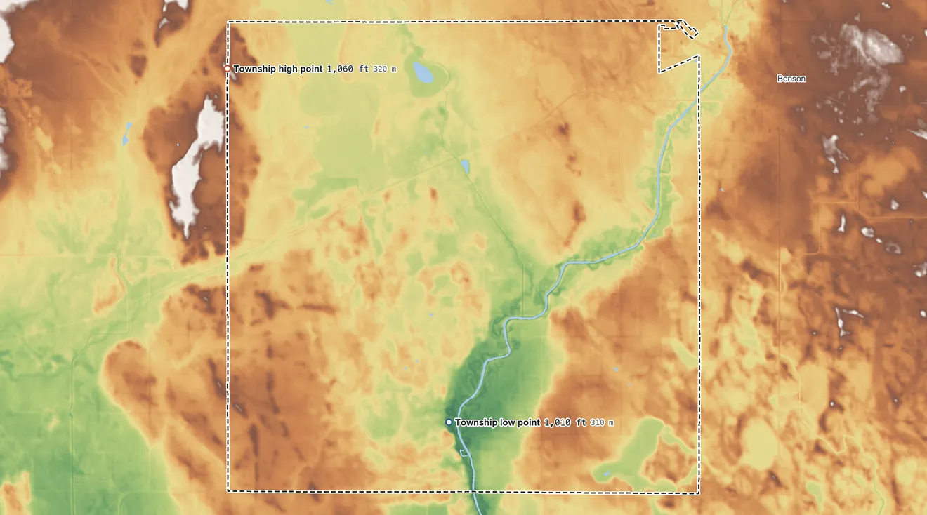 Topographic elevation map of Six Mile Grove Township, Minnesota, shaded from 1,010 ft on the southwest side to 1,060 ft on the northwest side