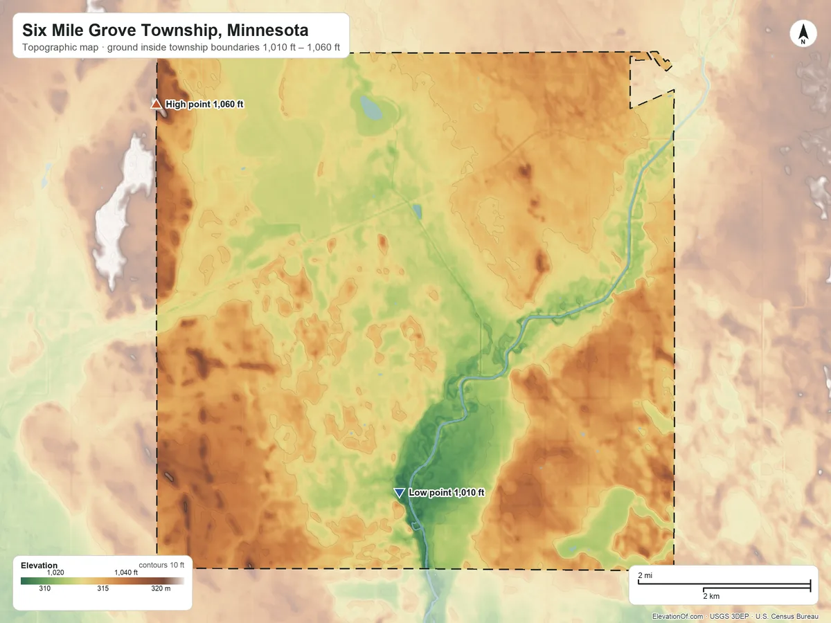 Topographic elevation map of Six Mile Grove Township, Minnesota, shaded from 1,010 ft on the southwest side to 1,060 ft on the northwest side