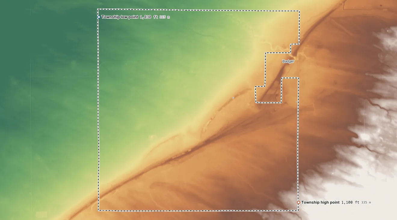 Topographic elevation map of Skagen Township, Minnesota, shaded from 1,030 ft on the northwest side to 1,100 ft on the southeast side